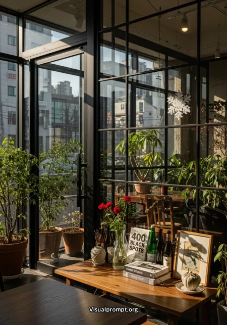 Cafe interior wide angle shot natural light plants