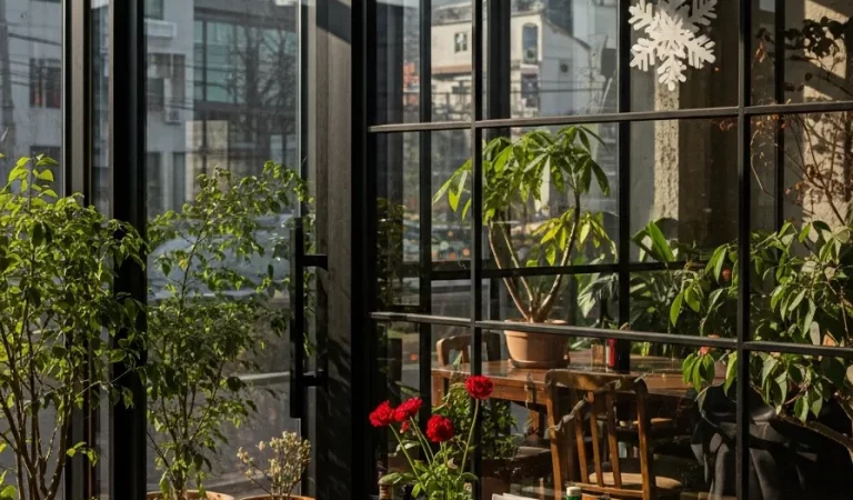 Cafe interior wide angle shot natural light plants