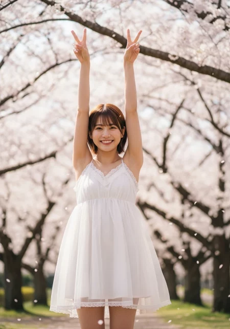 Cherry blossom v sign portrait