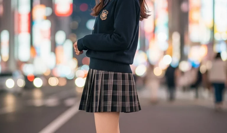 Japanese girl 20 years old straight brown hair walking sideways city night view school uniform style miniskirt black loafers white socks full body portrait