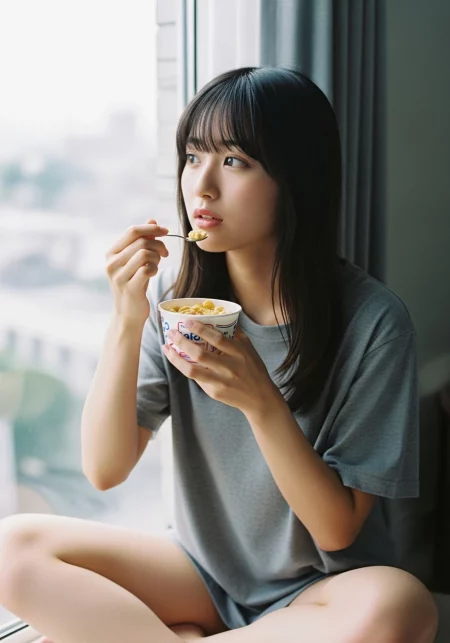 Japanese girl long hair bangs gray tshirt shorts sitting cross legged by window eating cereal yogurt vintage citypop style film noise faded light