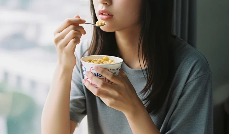 Japanese girl long hair bangs gray tshirt shorts sitting cross legged by window eating cereal yogurt vintage citypop style film noise faded light