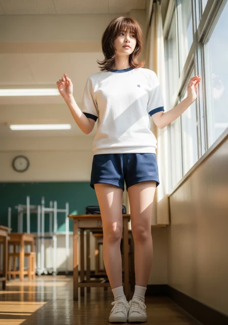 Japanese model tshirt shorts classroom