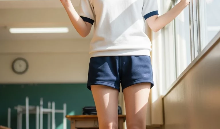 Japanese model tshirt shorts classroom
