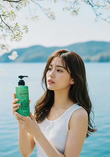 Japanese woman 20s white tank top fluffy hair spring lake background green shampoo advertisement poster natural light fujifilm colors