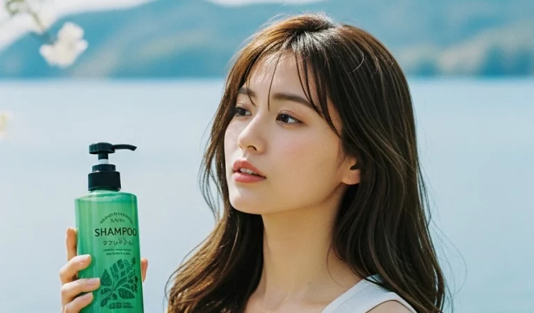 Japanese woman 20s white tank top fluffy hair spring lake background green shampoo advertisement poster natural light fujifilm colors