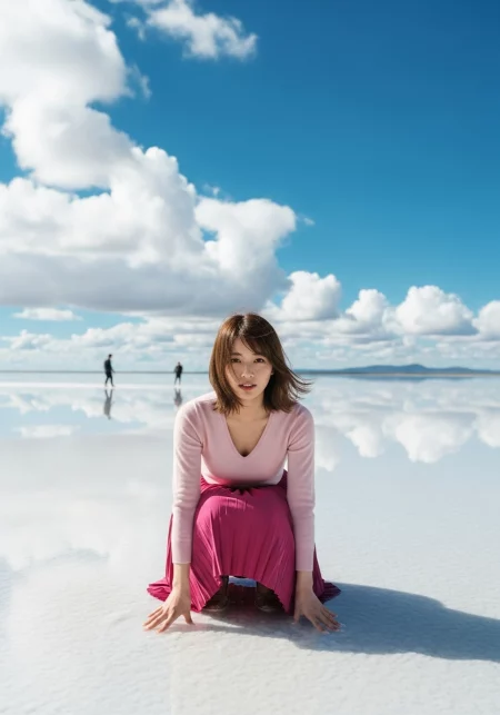 Japanese woman salt flats cinematic photo