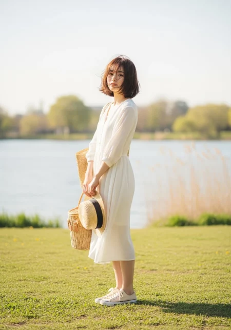 Japanese young woman 20s short hair white dress sneakers picnic bag straw hat lakeside park spring full body portrait pastel colors