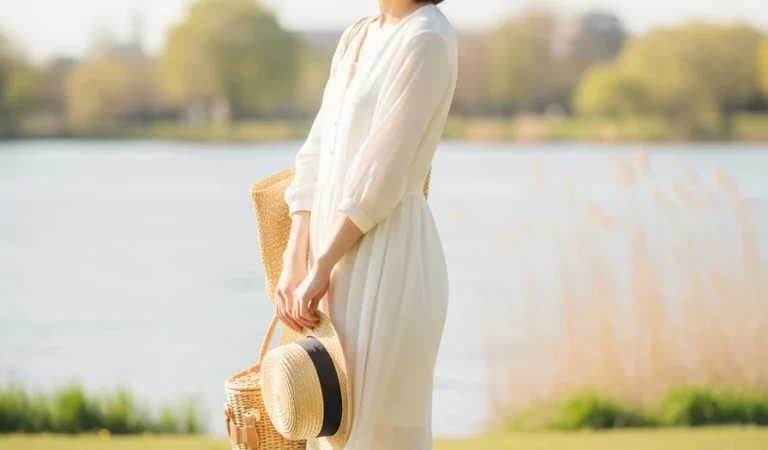 Japanese young woman 20s short hair white dress sneakers picnic bag straw hat lakeside park spring full body portrait pastel colors