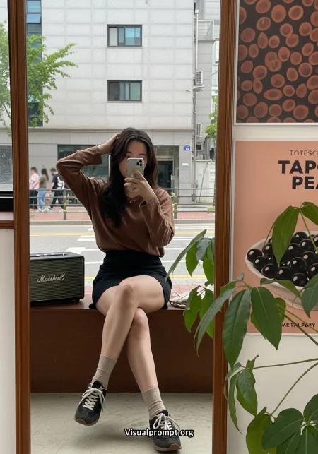 Korean woman mirror selfie brown shirt mini skirt