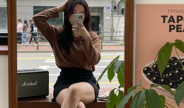 Korean woman mirror selfie brown shirt mini skirt