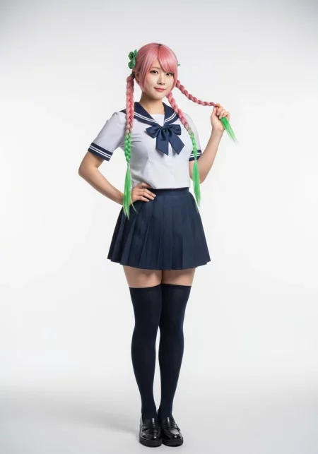 Mitsuri kanroji korean school uniform full body portrait cherry pink green hair