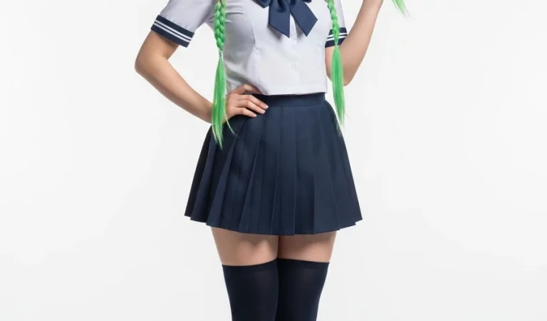 Mitsuri kanroji korean school uniform full body portrait cherry pink green hair