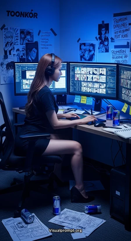 Toonkor webtoon creator dual monitors night studio