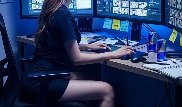 Toonkor webtoon creator dual monitors night studio