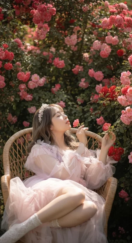 Visualprompt.org asian woman pink dress tiara rose garden