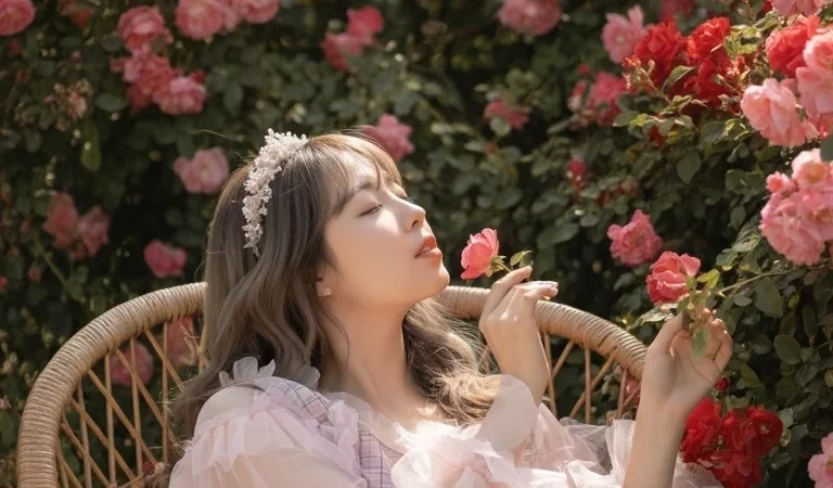 Visualprompt.org asian woman pink dress tiara rose garden