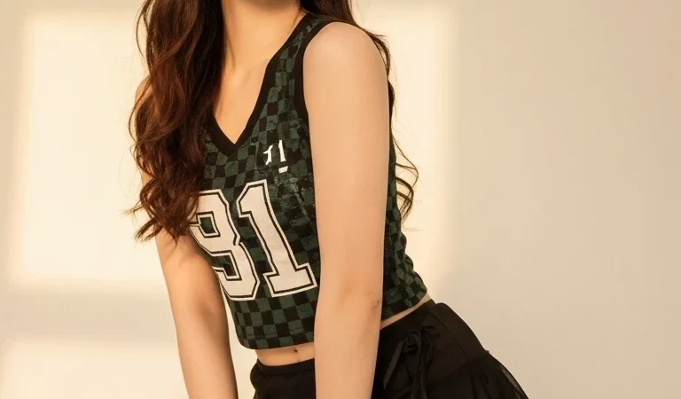 Visualprompt.org green checkered sleeveless top and a black ruffled mini skirt 459c877bbd