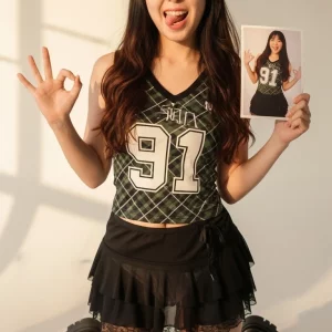 Visualprompt.org green checkered sleeveless top and a black ruffled mini skirt 82c4fcaec7