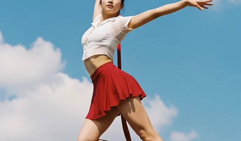 Visualprompt.org korean gymnast red miniskirt aerial silk