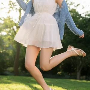 Visualprompt.org snapshot of a model in a chiffon one piece dress at a park 58c237af87