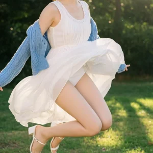 Visualprompt.org snapshot of a model in a chiffon one piece dress at a park 626b3d8b99