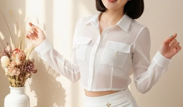 Visualprompt.org woman organza blouse mini skirt ivory studio 00046