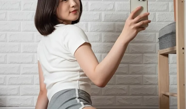 Visualprompt.org woman tshirt striped shorts mirror selfie portrait 18