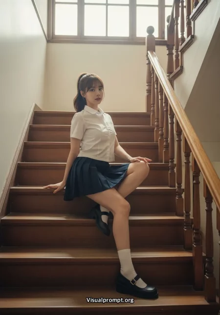 Woman 90s school uniform vintage stairs