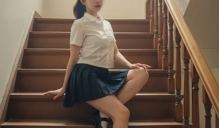 Woman 90s school uniform vintage stairs