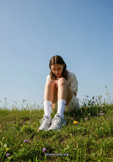 Woman casual outfit grassy incline bright light portrait