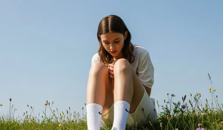 Woman casual outfit grassy incline bright light portrait