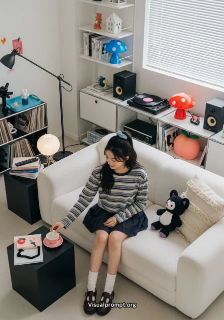 Woman cozy room record player overhead shot