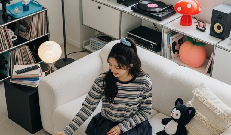 Woman cozy room record player overhead shot