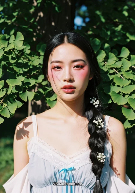 Woman light blue camisole ginkgo leaves