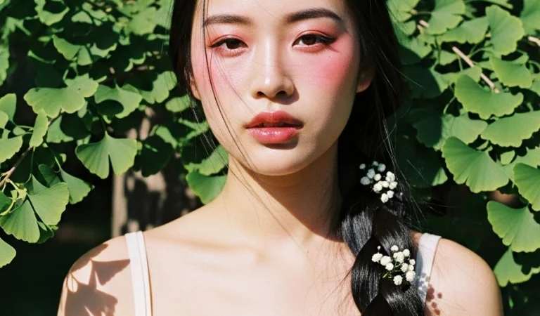 Woman light blue camisole ginkgo leaves