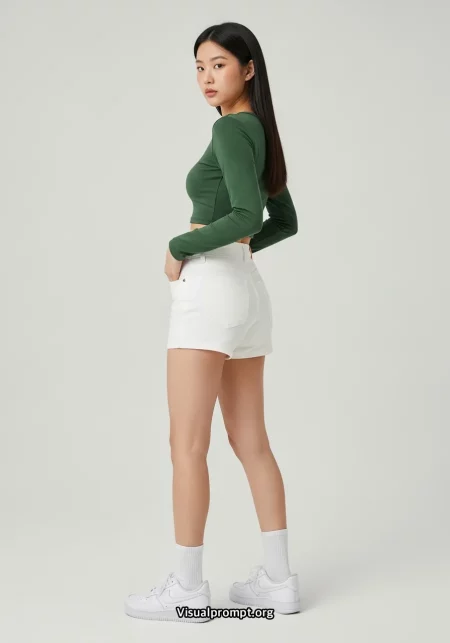 Woman long legs green crop top white shorts sneakers