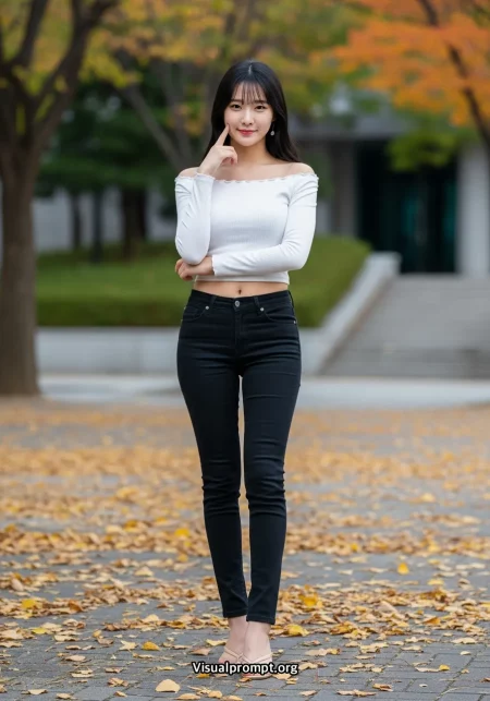 Woman off shoulder crop top jeans autumn outdoor