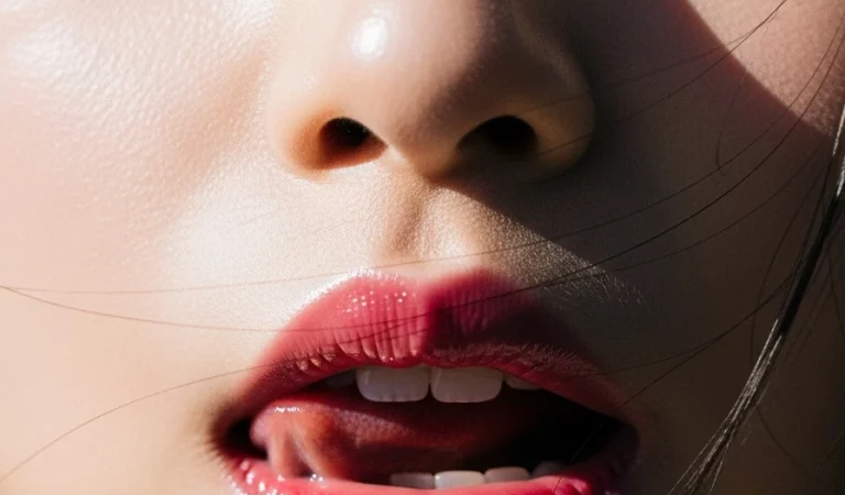 Woman pink glossy lips closeup dramatic portrait