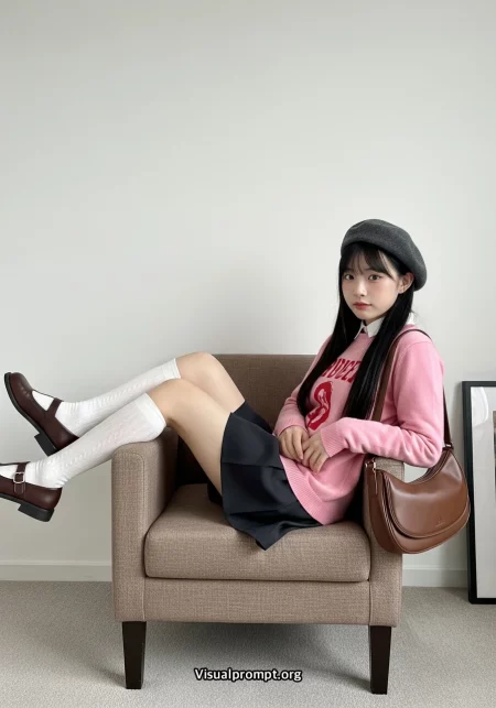 Woman pink sweater beret mary jane shoes portrait