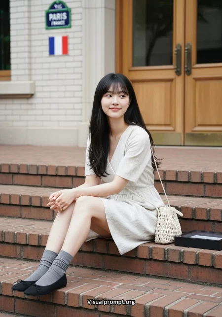 Woman v neck dress brick steps paris france