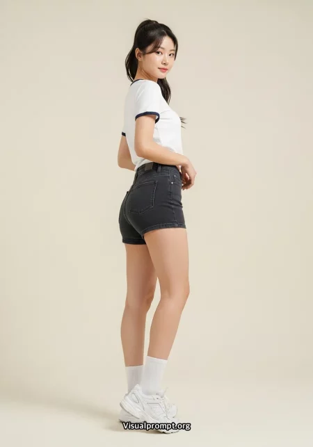 Woman white tshirt dark shorts high ponytail