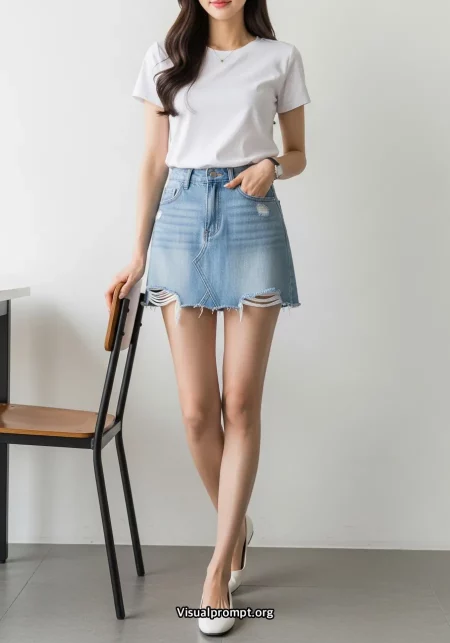 Woman white tshirt denim miniskirt cafe portrait
