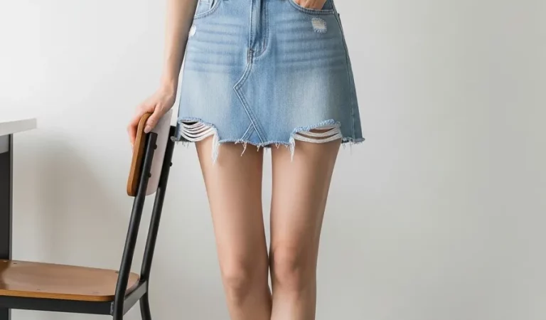 Woman white tshirt denim miniskirt cafe portrait