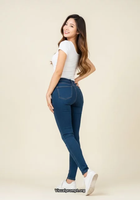 Woman white tshirt skinny jeans look over shoulder