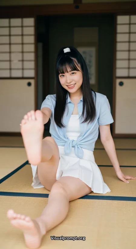 Clean summer shirt outfit sitting pose toes focus