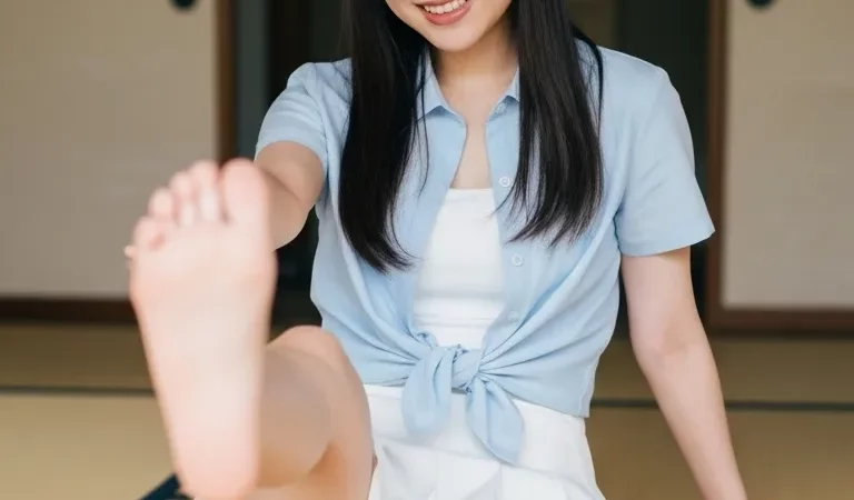 Clean summer shirt outfit sitting pose toes focus