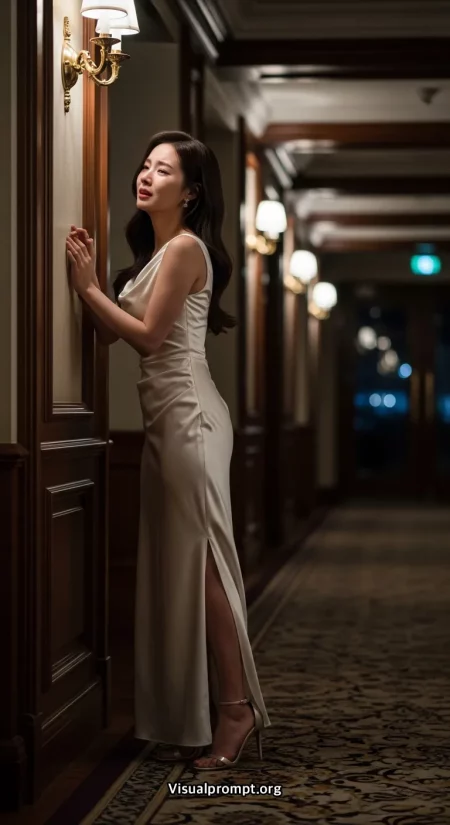 K drama actress silk evening gown hotel corridor distress