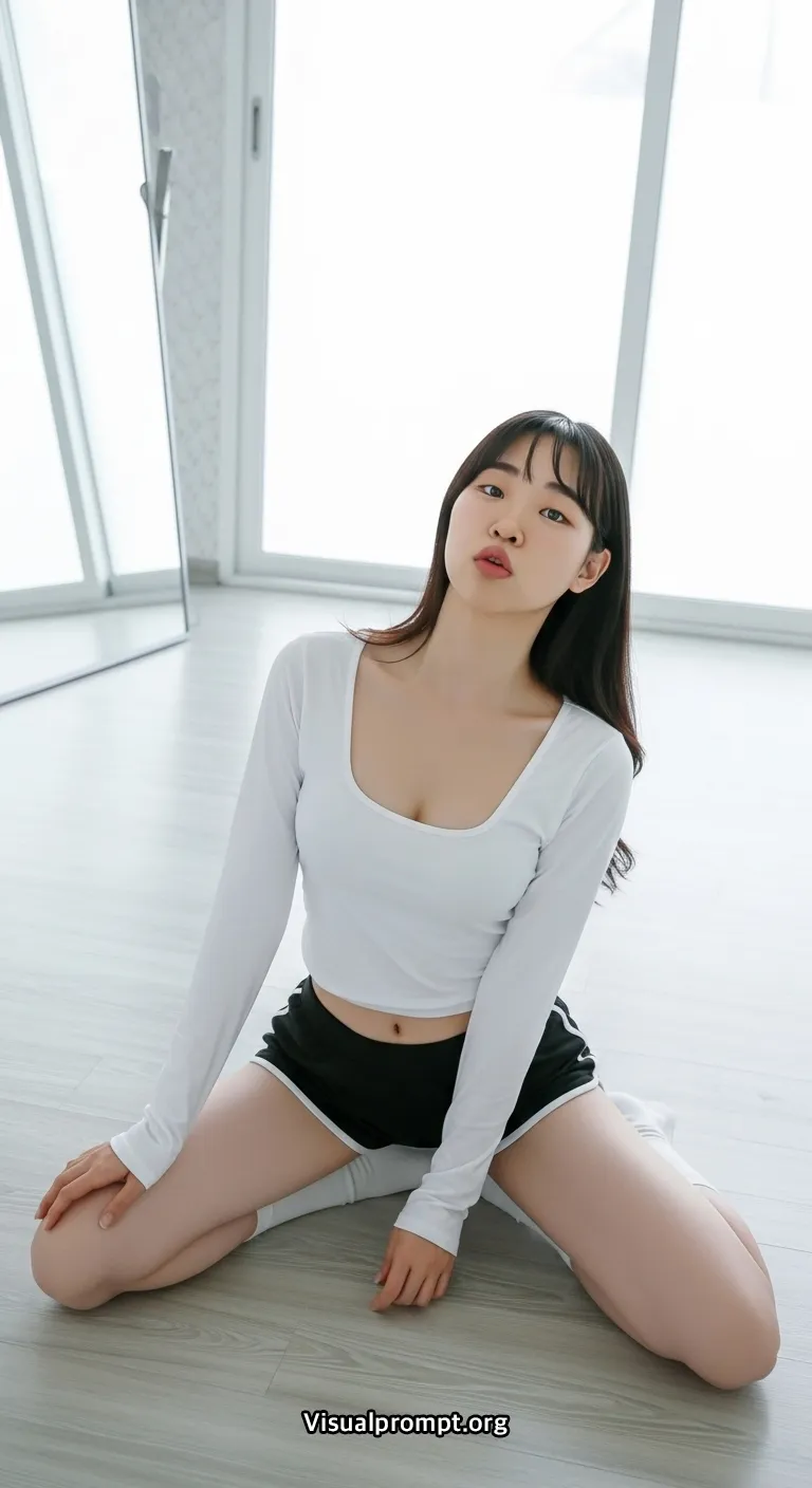 Korean woman gym shorts low angle dutch stretch pose 11