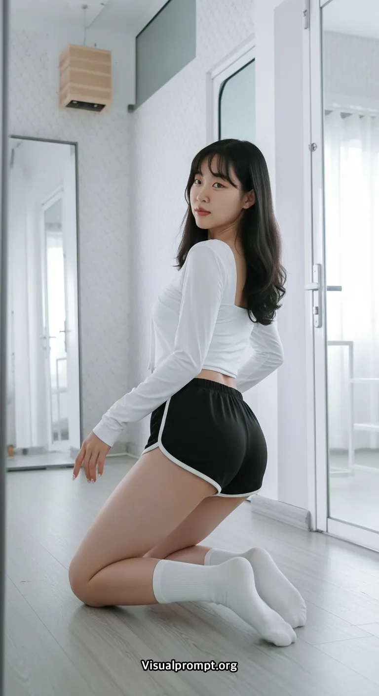 Korean woman gym shorts low angle dutch stretch pose 12